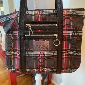 COACH Poppy Plaid Glam Tartan Shoulder Bag Tote With Brown Flannel Cover